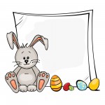 Happy Easter illustration of baby rabbit and easter eggs.