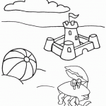 Disegni da colorare in vacanza_spiaggia con castello di sabbia e granchio