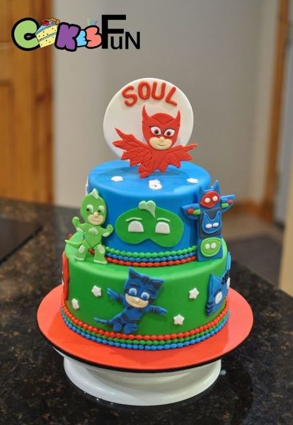 Torte di compleanno dei PJ Masks_pasta di zucchero personaggi 2d