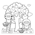 Disegni dell'autunno da colorare e stampare gratis _ bambini che raccolgono le mele