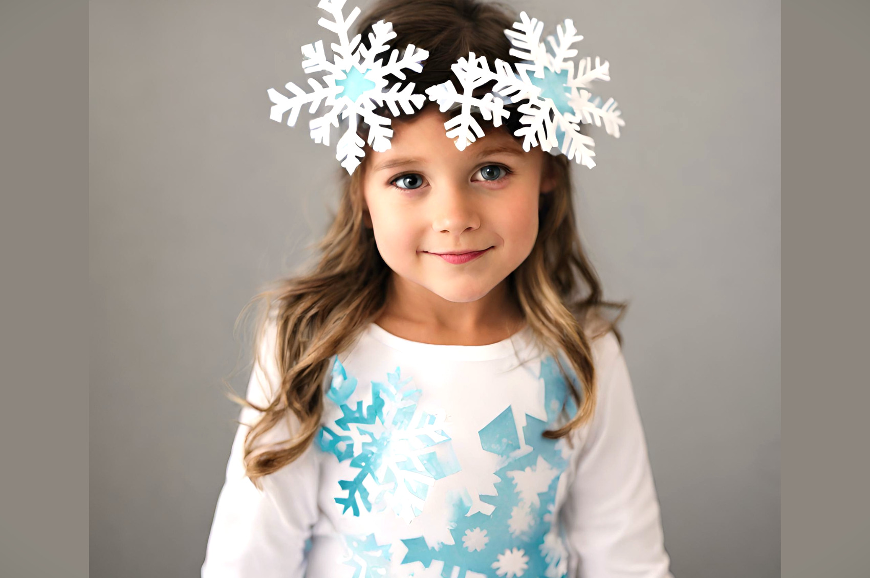 bambina con costume da fiocco di neve per natale e carnevale